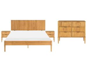 Beliani Ensemble de Chambre Scandinave en Bois de Pin Lit 160 x 200 cm 2 Tables de Chevet et Commode à 6 Tiroirs Marron Clair Ambazac