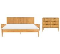 Beliani Ensemble de Chambre Scandinave en Bois de Pin Lit 180 x 200 cm 2 Tables de Chevet et Commode à 6 Tiroirs Marron Clair Ambazac