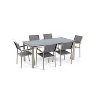 Beliani - Ensemble de jardin table en verre noire et 6 chaises grises GROSSETO