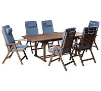 Beliani Ensemble de Salle à Manger de Jardin Rustique en Bois d'Acacia 6 Places Table Extensible et Chaises Inclinables avec Coussins Bleu Amantea
