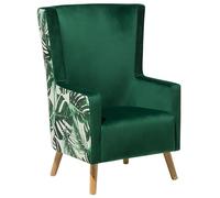 Beliani Fauteuil Dossier Haut Type Bergère en Velours Vert Motif Jungle Élégance et Confort pour Salon au Style Scandinave et Glamour