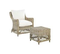 Beliani Fauteuil en Rotin Naturel pour Intérieur et Extérieur avec Repose-Pieds et Coussins Blanc-Cassé Ribolla