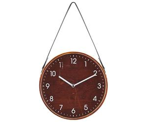 Beliani Horloge Murale à Suspendre Cadran Rond 26 cm Effet Bois Foncé Chiffres Blanches Sangle d'Accrochage Pratique pour Intérieurs Rétro et Boho