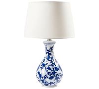 Beliani Lampe à Poser de Table en Porcelaine Abat-Jour Tambour en Lin Base Florale Éclairage Bleu et Blanc Carmen