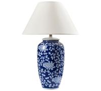 Lampe à Poser en Porcelaine avec Motif Abat-Jour en Lin en Forme de Tambour Bleu