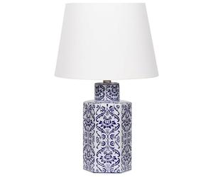 Beliani Lampe de Table à Poser en Porcelaine Blanc et Bleu Peint à la Main 46 cm Marcelin