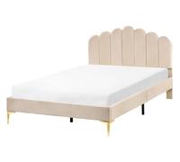 Beliani Lit en Velours 120 x 200 cm Tête de Lit en Forme de Coquillage Pieds en Métal Sommier à Lattes Beige Sauvian