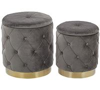 Beliani Lot 2 Poufs Coffres de Rangement en Velours Gris Capitonné et Base en Acier Doré pour Chambre ou Salon au Design Glamour et Vintage