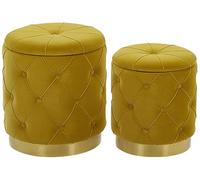 Beliani Lot 2 Poufs Coffres de Rangement en Velours Jaune Foncé Capitonné et Base en Acier Doré pour Chambre ou Salon au Design Glamour et Vintage