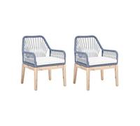 Beliani Lot de 2 Chaises de Jardin d'Extérieur Moderne Structure en Polypropylène Tressé Pieds en Bois d'Acacia Coussins Housses Amovibles Blanc et Bleu Marine Olbia