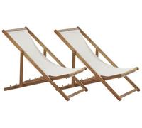 Beliani Lot de 2 Chaises Longues de Jardin en Bois d'Acacia Clair et Tissu Pliantes Inclinables Blanc Cassé Anzio