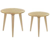 Beliani Lot de 2 Tables d'Appoint Dorées en Bois de Manguier Motif de Plantes Rond Narra