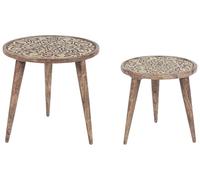 Beliani Lot de 2 Tables d'Appoint Sombres en Bois de Manguier Marron Foncé à Plateau Sculpté Ranja