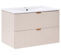 Beliani Meuble-lavabo Mural avec Vasque et 2 Tiroirs Façades Cannelées Poignées Dorées Armoire Salle de Bain Beige Totorani