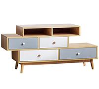 Meuble TV avec Rangement disposé en Quinconce avec 4 Tiroirs Bleu et Blanc et 2 Espaces Ouverts Pieds en Bois d'Hévéa Beliani