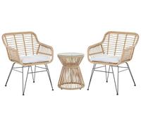 Beliani Petit Salon de Jardin 2 Personnes en Rotin Clair avec Coussins Gris Résistant aux Rayons UV pour Terrasse ou Balcon au Style Rustique et Boho