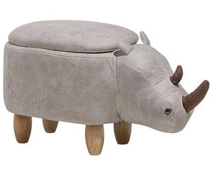 Beliani Petit Tabouret Pouf pour Enfant 35 cm de Hauteur en Forme de Rhinocéros Cuir PU Gris Clair avec Coffre de Rangement et Pieds en Bois