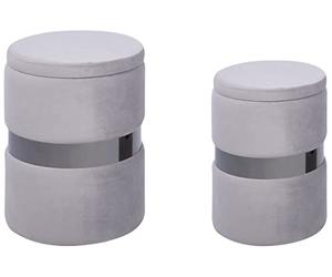 Beliani Poufs Gris en Velours Repose-Pieds Ronds à Ceinture Argentée Glamour Lot de 2 Doris