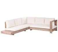 Beliani Salon de Jardin d'angle Gauche en Bois d'Acacia Certifié Table d'Appoint Canapé Modulable avec Coussins Blanc Cassé Marettimo