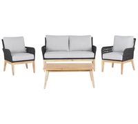 Beliani Salon de Jardin ou Terrasse Table Basse Canapé et 2 Fauteuils en Bois d'Acacia Dossiers Noirs et Coussins Gris Style Boho et Rustique