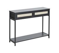Beliani Table Console avec 2 Tiroirs en Rotin en MDF Noir avec Pieds en Bois d'Hévéa Style Boho Opoco