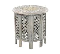 Beliani Table d'appoint Grise en Bois de Manguier à Base Ajourée Octogonale Vintage Jagori