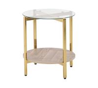 Beliani Table d'Appoint Moderne Plateau Rond en Verre Trempé et Étagère Bois Clair et Cadre Métallique Doré Lovell