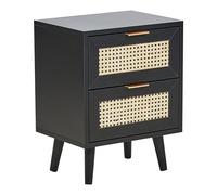 Beliani Table de Chevet Boho avec 2 Tiroirs de Façades en Rotin et MDF Noir Pieds en Bois d'Hévéa Style Boho Opoco