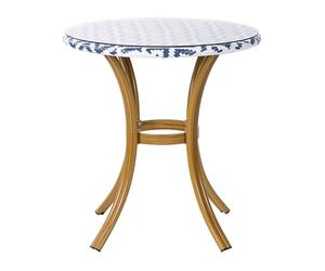 Beliani Table de Jardin ou Terrasse Type Bistro Ronde 70 cm Motifs Bleus et Blancs en Rotin Design Moderne et Boho