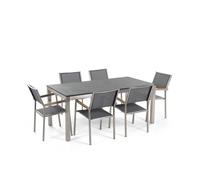 Beliani - Table de jardin plateau granit noir flambé 180 cm 6 chaises textile gris GROSSETO