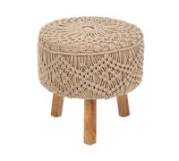 Beliani Tabouret en Coton Macramé Style Boho Fait Main Pieds en Bois 40 x 40 x 44 cm Beige Foncé Manzai