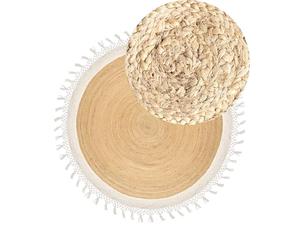 Beliani Tapis Boho Rustique en Jute ø 200 cm Naturel Tressé à la Main Rond Beige et Blanc Marts