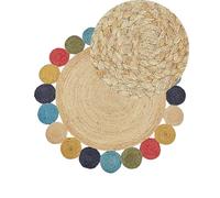 Beliani Tapis Rond Tressé Design Boho 140 cm en Jute Naturelle et Multicolore Vostan