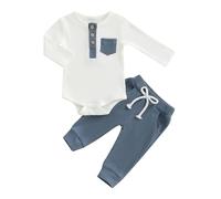 BeliBacca Ensemble de 2 vêtements d'hiver pour bébé garçon printemps automne couleur contrastée en tricot côtelé à manches longues boutonné chemise élastique pantalon long, bleu, 3-6 mois