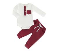 BeliBacca Ensemble de 2 vêtements d'hiver pour bébé garçon printemps automne couleur contrastée en tricot côtelé à manches longues boutonné chemise élastique pantalon long, Rouge, 3-6 mois