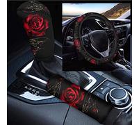 Belidome Ensemble complet avec housse de volant, pommeau de levier de vitesse et protection de frein à main motif rose rouge pour homme et femme