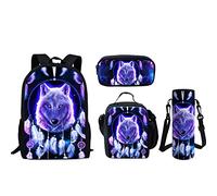 Belidome Lot de 4 sacs à dos d'école, trousse à crayons, sac à déjeuner, porte-bouteille pour enfants, garçons, grirls, Attrape-rêves loup., taille unique