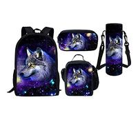 Belidome Lot de 4 sacs à dos d'école, trousse à crayons, sac à déjeuner, porte-bouteille pour enfants, garçons, grirls, Galaxy Wolf., taille unique