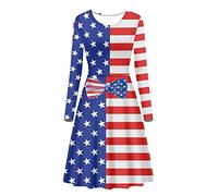 Belidome Robes décontractées mi-longues à manches longues pour femme - Ligne A pour printemps et automne, Nœud papillon imprimé drapeau des États-Unis, XL