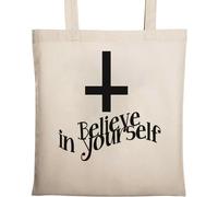 Believe in Yourself Sac fourre-tout en coton écologique avec motif croix noire Beige
