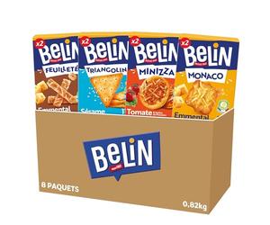 BELIN - La Boîte Apéritif 8 Paquets de Crackers Belin - 2 Feuilleté Emmental, 2 Triangolini Sésame, 2 Minizza Tomate, 2 Monaco Emmental - Lot de 0,82kg