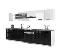 BELINI Cuisine Équipée Complète ITALIA 4 260 cm - Meubles Hauts et Bas avec Plan de Travail - Blanc Très Brillant/Noir Très Brillant