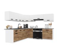 BELINI Cuisine Équipée Complète ITALIA 7 420 cm - Cuisine en L avec Meubles d'Angle - Blanc Mat/Brun Doré