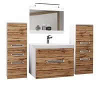 BELINI Meuble de Salle de Bain, Lavabo, Meuble Sous-vasque, Miroir et 2x Cabinet, L: 140 cm, Kit d'éclairage, Couleur: chêne wotan