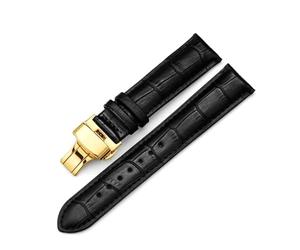 Belivceng Bracelet en cuir avec boucle papillon dorée à double pression, tailles 14 à 24 mm, accessoires de remplacement pour bracelet à motif bambou,Or-Noir,20 mm