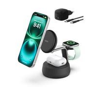 Belkin 3 en 1 Chargeur Induction iPhone Qi2, Station de Charge 25W, Chargeur sans Fil pour iPhone 16, Apple Watch, AirPods, Support Magnétique Compatible avec MagSafe avec Adaptateur 45W - Noir