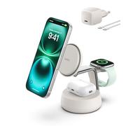 Belkin 3 en 1 Chargeur Induction iPhone Qi2, Station de Charge 25W, Chargeur sans Fil pour iPhone 16, Apple Watch, AirPods, Support Magnétique Compatible avec MagSafe avec Adaptateur 45W - Beige