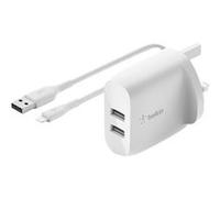 Belkin BOOST CHARGE Chargeur mural - Adaptateur secteur - 24 Watt - 4.8 A - 2 connecteurs de sortie (2 x USB) - sur le câble : Lightning - blanc Blanc G