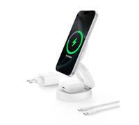 Belkin Chargeur sans Fil 2-en-1 (15W) Station de Charge Compatible MagSafe, certifié Qi2, Chargeur Induction pour iPhone 16, 15 et AirPods, Base antidérapante, Adaptateur Secteur 30 W Inclus, Blanc