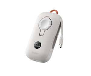 Belkin BoostCharge Pro Batterie Externe 10000mAh avec Module De Recharge Apple Watch, Chargeur Portable, Câble USB-C À Gaine Tressée Intégré, Écran Numérique, 45W, Recharge de 3 Appareils, Beige